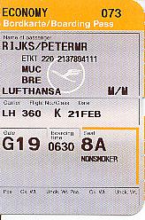 Lufthansa boarding pass stub for flight from Munich to Bremen on Feb 21