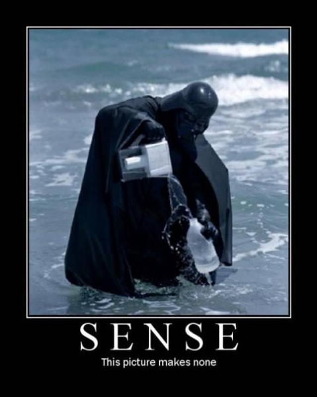 Darth Vader standing in the ocean filling a water bottle from a filter. Caption states "Sense: this picture makes none"